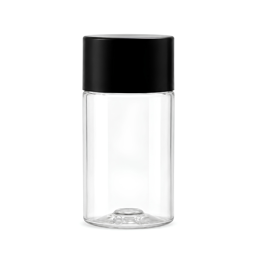 50ml PET Sharp Cylindrical Bottle (20mm neck) - Including Closure & Dropper Plug - Clear with Black Lid